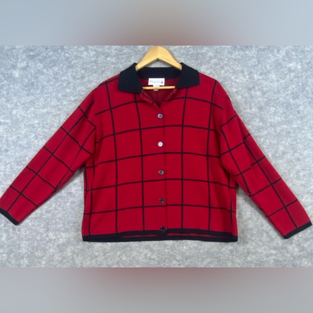 Prosperity Vintage Cardigan Sweater Women’s Size L Red Black‎ Windowpane Preppy